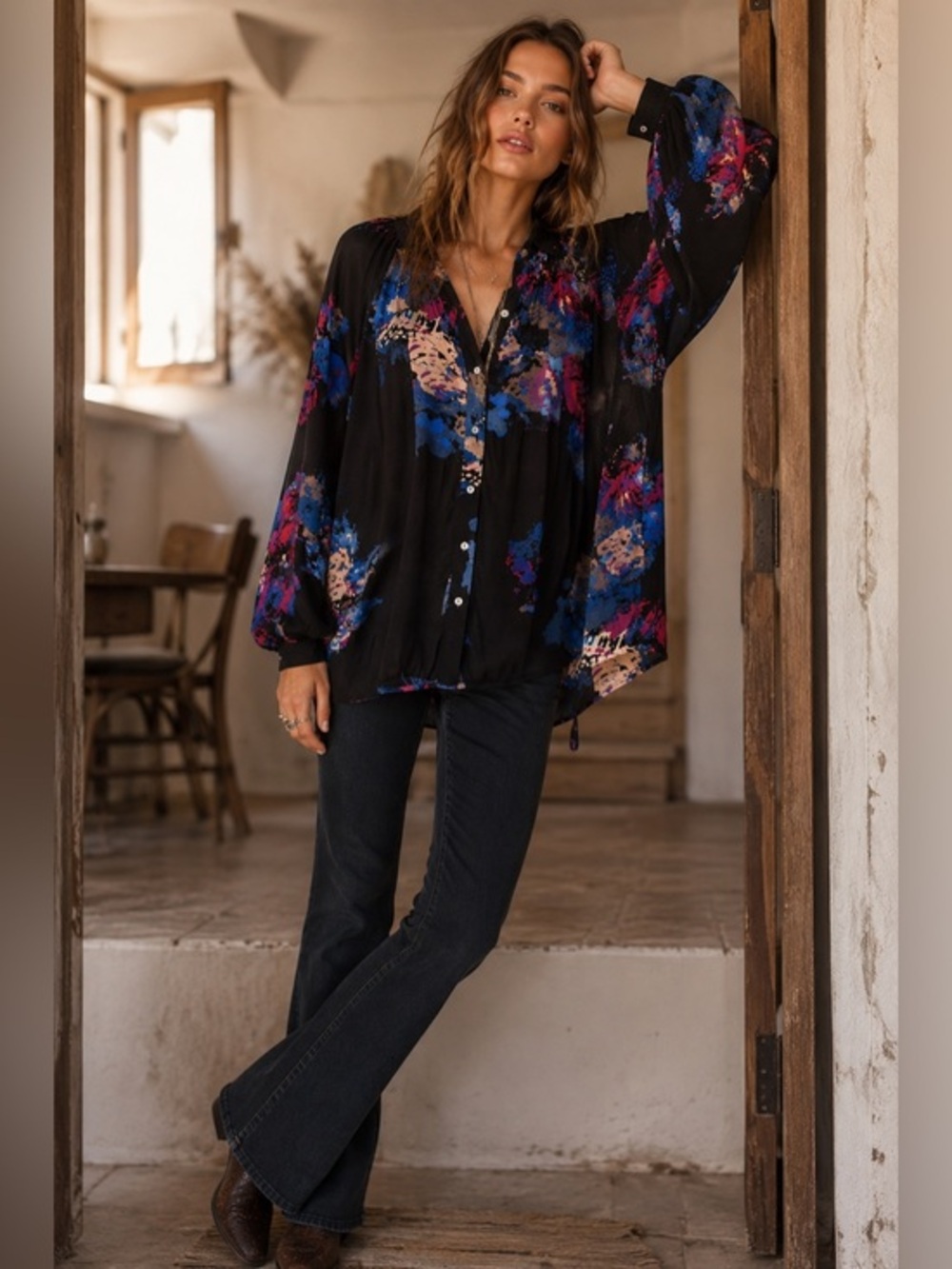 Free People Black Abstract Floral Long Sleeve Tunic Blouse Size Small Boho Chic